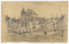 30317 Gezicht op de Neude te Utrecht tijdens de afbraak van enkele huizen voor de bouw van het postkantoor, met op de ...
